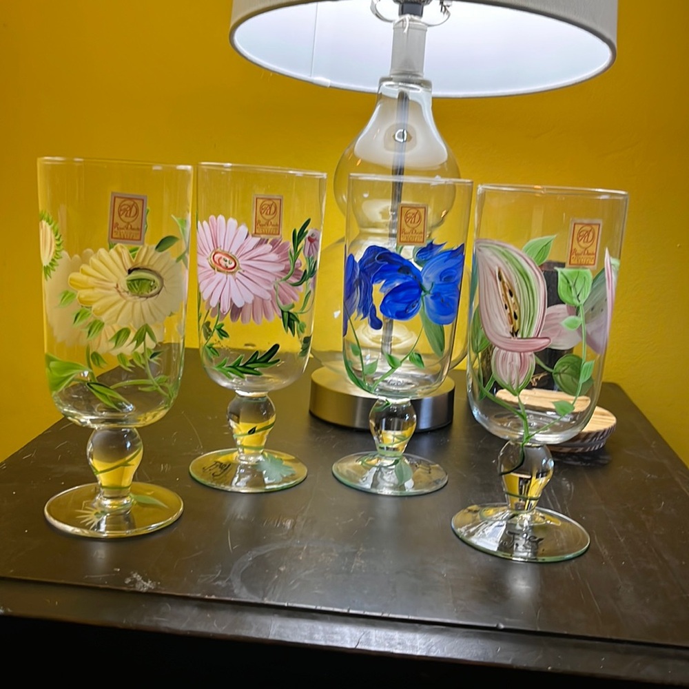 Set of 4 hand painted Crystal China Royal Danube Pedal-stool glasses flowers